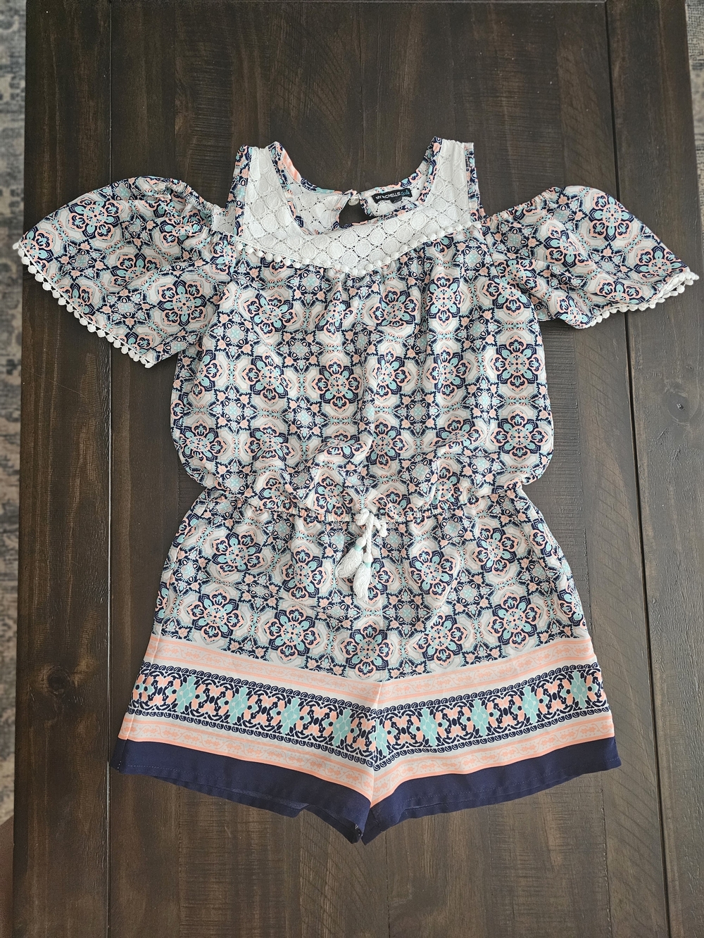My Michelle Pink Navy Blue Cream Floral Cold-Shoulder Girls Romper